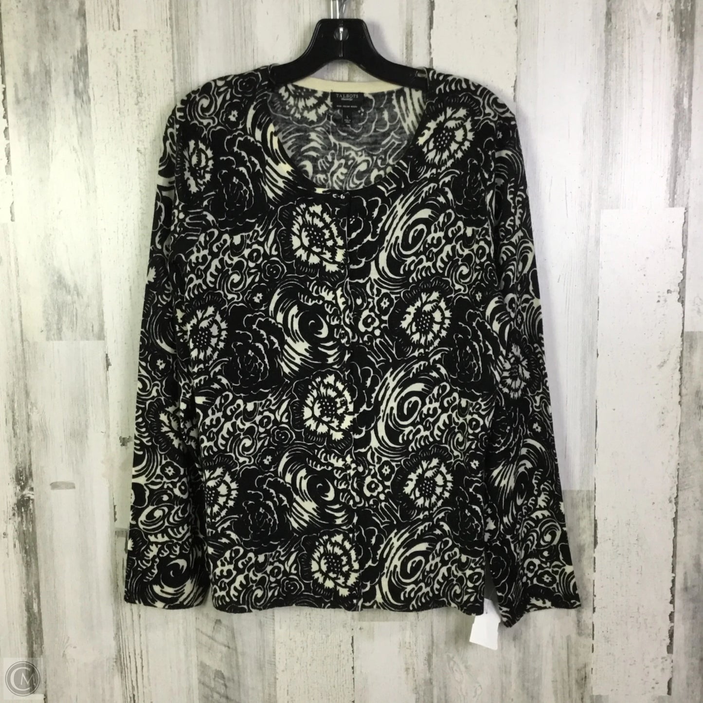 Sweater Cardigan By Talbots In Black & Cream, Size: L