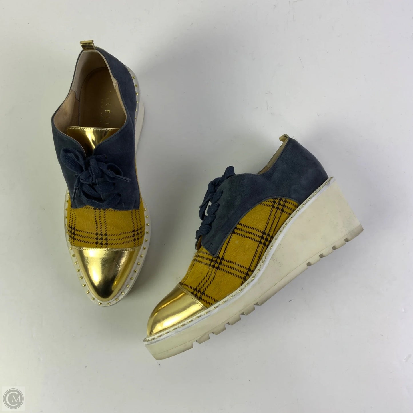 Shoes Heels Wedge By Anthropologie In Blue & Yellow, Size: 7.5