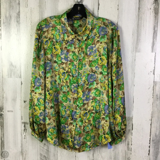 Blouse Long Sleeve By Zara In Green & Tan, Size: Xl