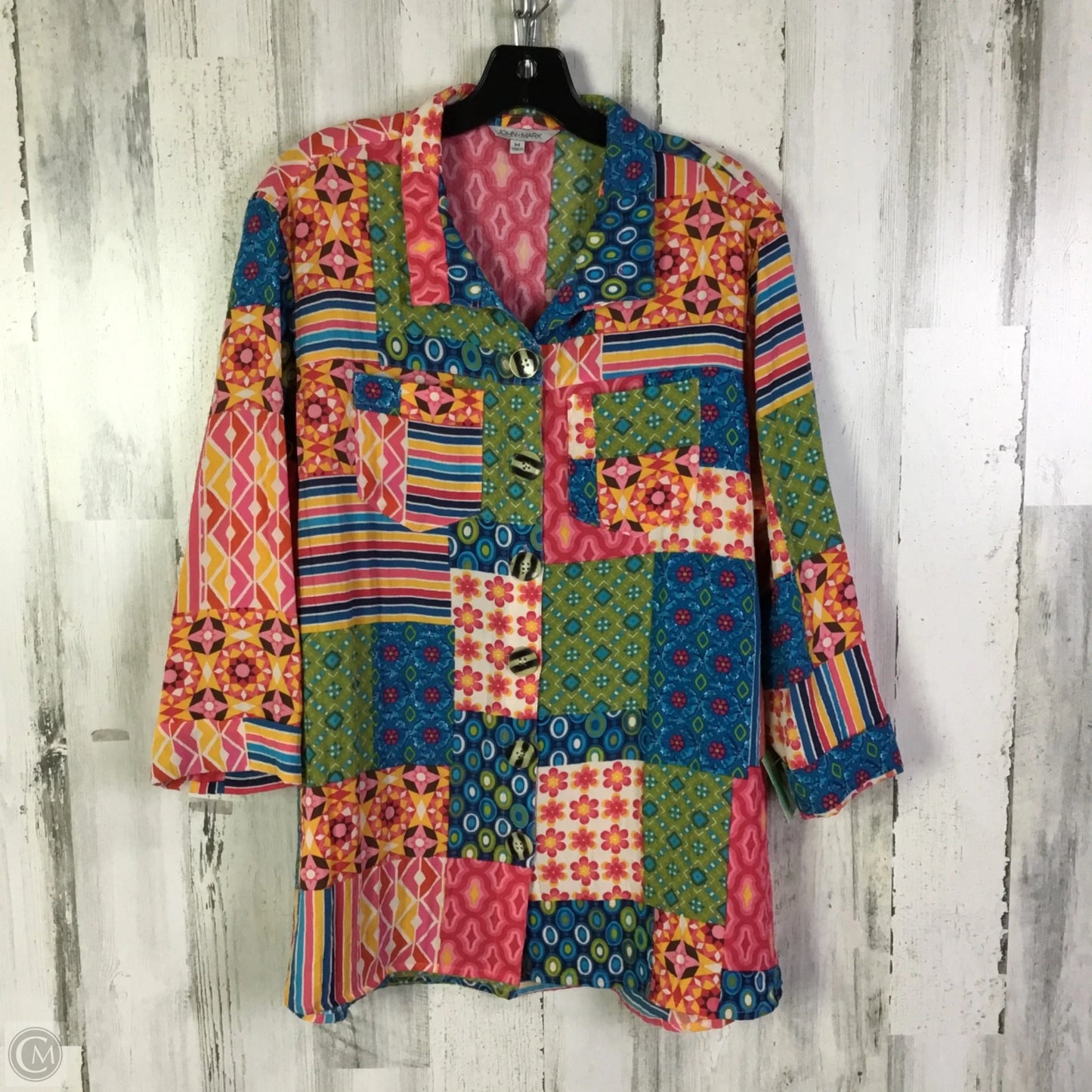 Jacket Shirt By John Mark In Blue & Pink, Size: M