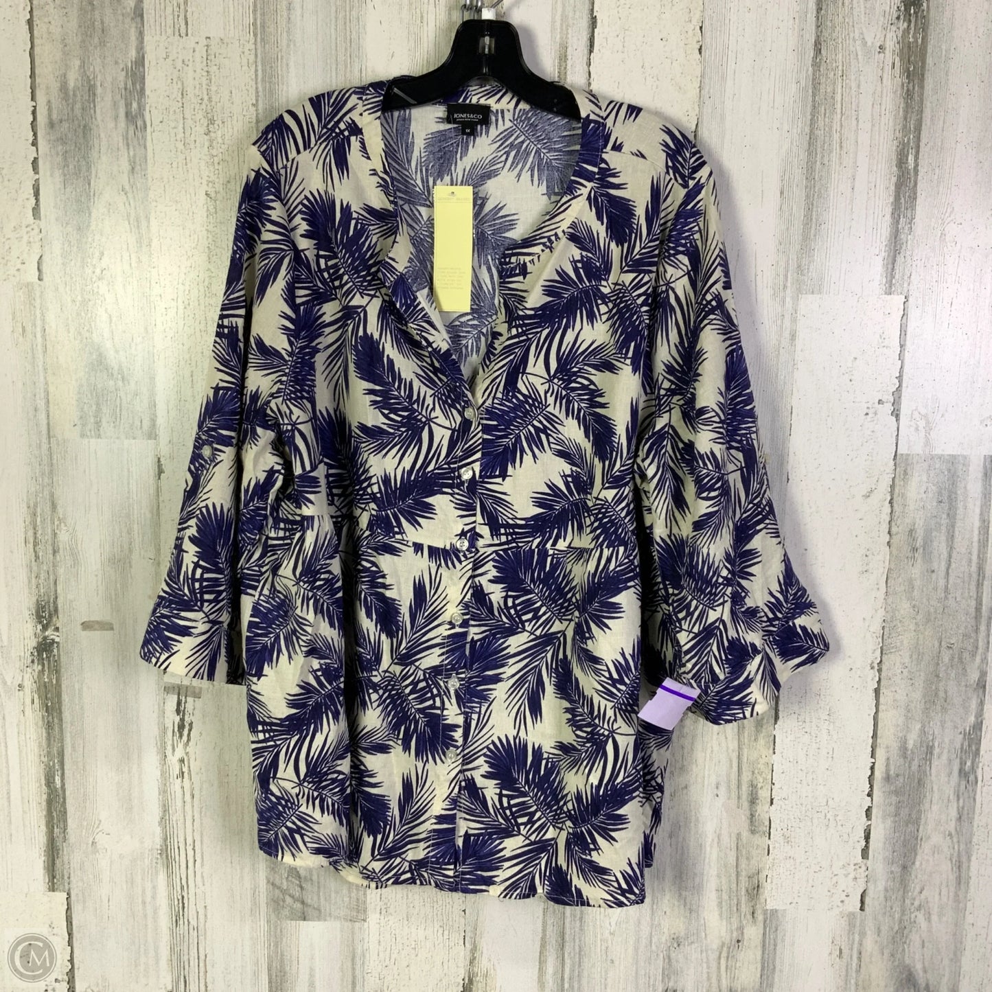 Blouse Short Sleeve By Jones And Co In Blue & Cream, Size: 1x