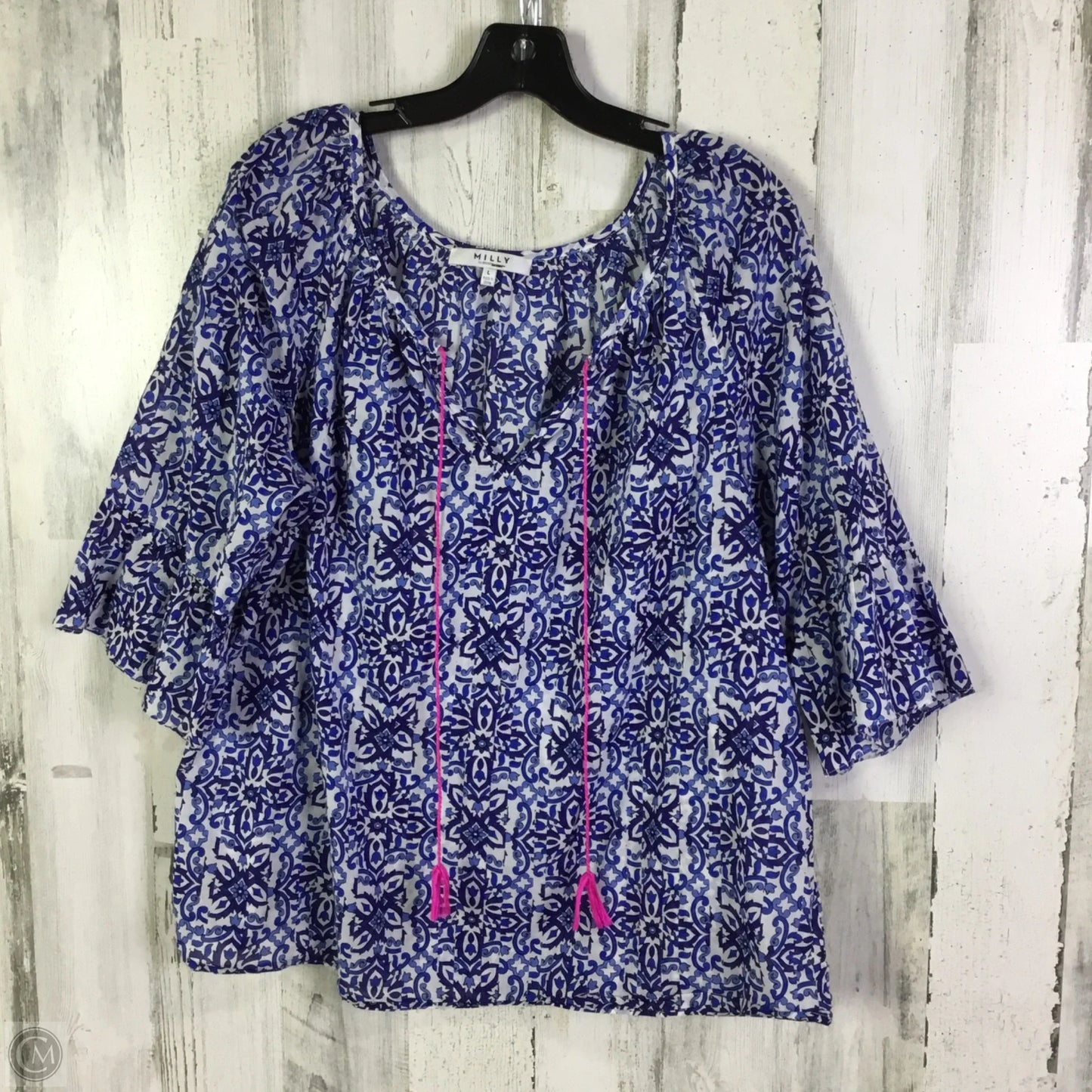 Top 3/4 Sleeve Designer By Milly In Blue & White, Size: L