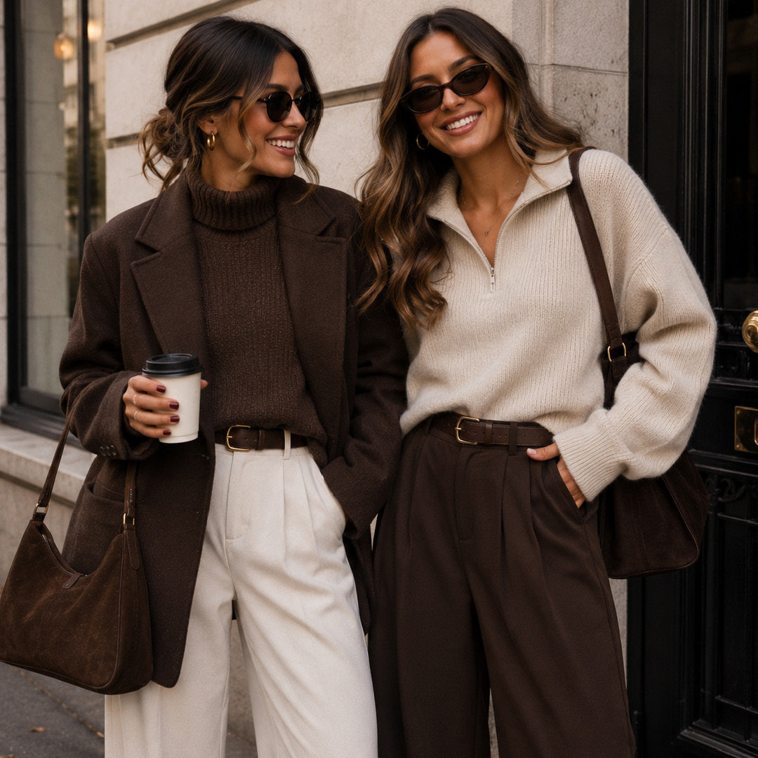 Two women standing outdoors in stylish fall outfits. One wears a dark brown blazer over a brown turtleneck with white trousers and carries a brown bag, while the other wears a cream quarter-zip sweater with dark brown wide-leg trousers and a brown shoulder bag.