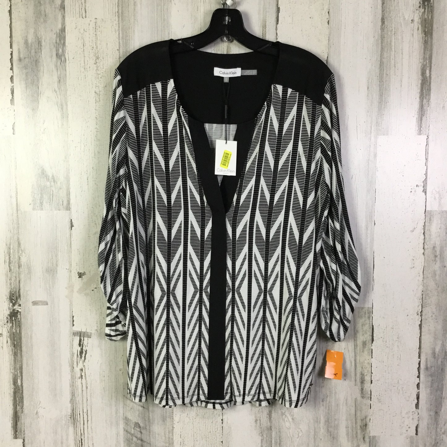 Top 3/4 Sleeve By Calvin Klein In Black & White, Size:1X