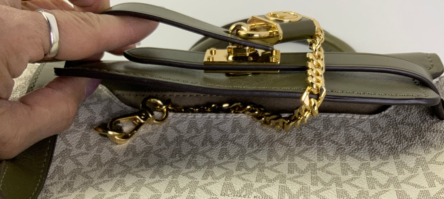 Handbag Designer By Michael Kors In Cream & Green, Size:Medium