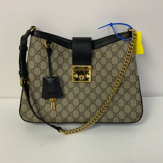 Handbag Luxury Designer By Gucci In Black & Tan, Size:Medium